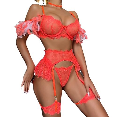 Ensemble de lingerie sexy haut de gamme en maille fine et plumes orange