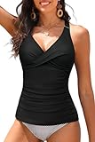 Black Women Tankini Top Only - Twist Front Tummy Control Swim Bathing Suit Top...