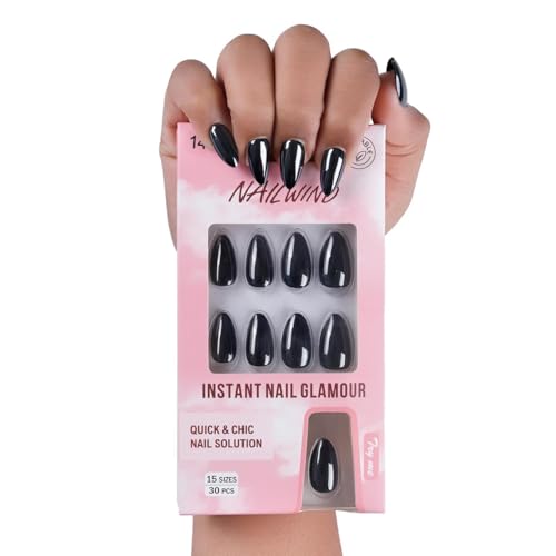 NAILWIND 30Pcs Short Almond chrome & Cat eye Nails, Press On Nails, Soft Gel Mirror Designs Glossy Nail’s with Nail Glue, Reusable Glue On in 15 Sizes – 30PCS Stick On Nail Kit, Acrylic Nail for Women 14 – Black
