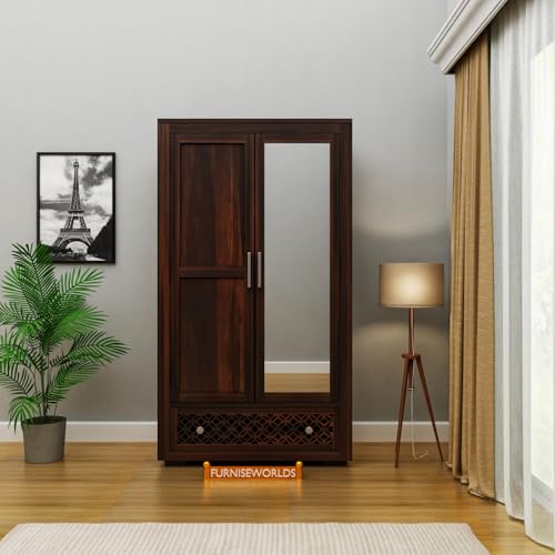 Image of Sheesham Wood 2-Door Wardrobe with Mirror, Metal Handles, 3 Shelves, Floral Carved Panel, 182.9 x 91.4 x 55.9 cm, Fully Assembled 1 Year Warrenty