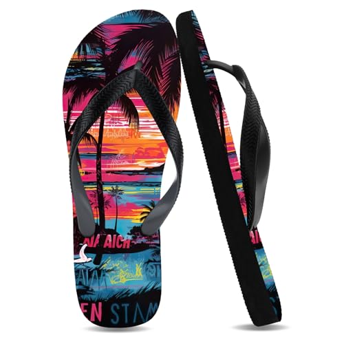 Unisex Flip Flops with Palm Trees & City Prints Holiday Parties Hawaiian Thong Sandals Lightweight Anti - Slip Beach Rubber Shower Shoes Summer Comfortable Slippers Two-Tone Footwear