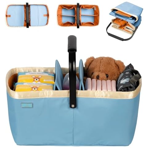 BabbleRoo Diaper Caddy: Large Capacity Diaper Organizer Basket, Perfect for Storing Baby Wipes, Diapers & Baby Essentials. Spacious, Convenient for Parents of Newborn Babies - Blue Cover