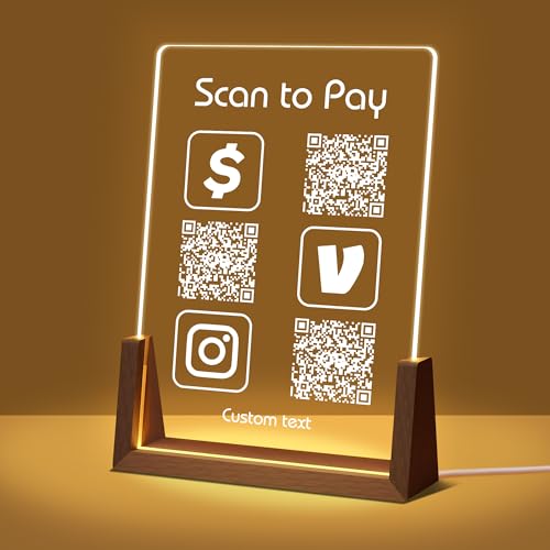 Custom Acrylic QR Code Sign for Business Personalized QR Plaque for Scan to Pay, Social Media, WiFi Sharing, Barcode Display with Stand or LED Wood Base