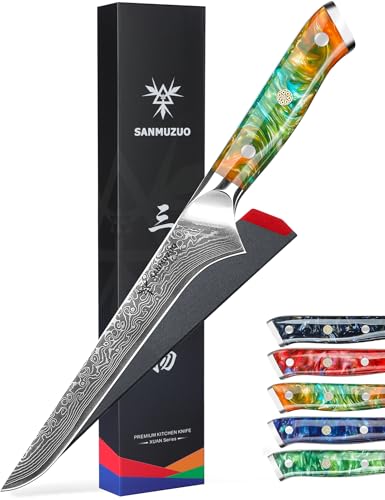 SANMUZUO Couteau à Filet de poisson 18 cm, Couteaux de Cuisinede Chef Japonais Couteau à désosser - Acier de Damas et Manche en Résine - Série Xuan(Orange Fantastique)