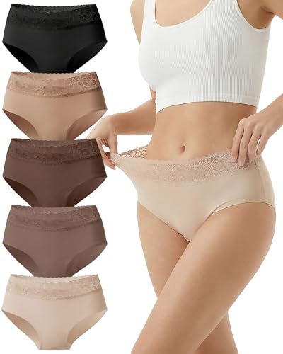 Cevapro Seamless Underwear for Women With Soft Lace Waistband, No Show Laser Cut Lace Panties Women Underwear Seamless 5 Pack