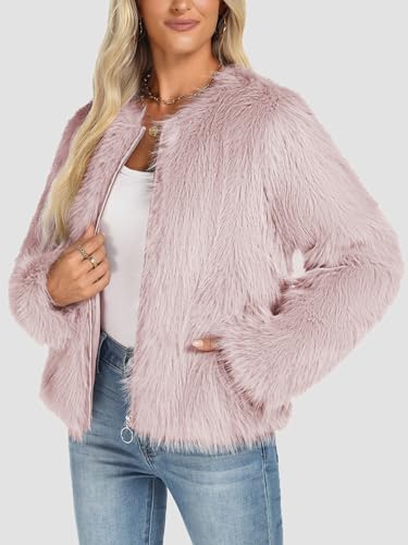 Funlingo Women's Faux Fur Coat Winter Warm Cropped Jacket Trendy Long Sleeve Crew Neck Zip Up Outerwear3