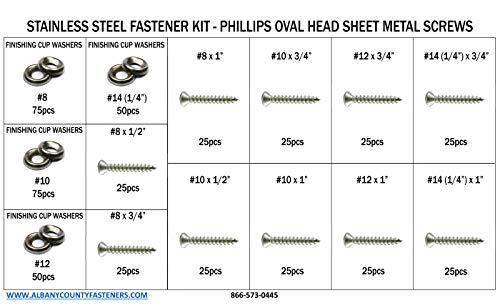 18-8 Stainless Steel Phillips Oval Head Sheet Metal Screw Kit with Finishing Cup Washers #8 Through #14-501 Pieces