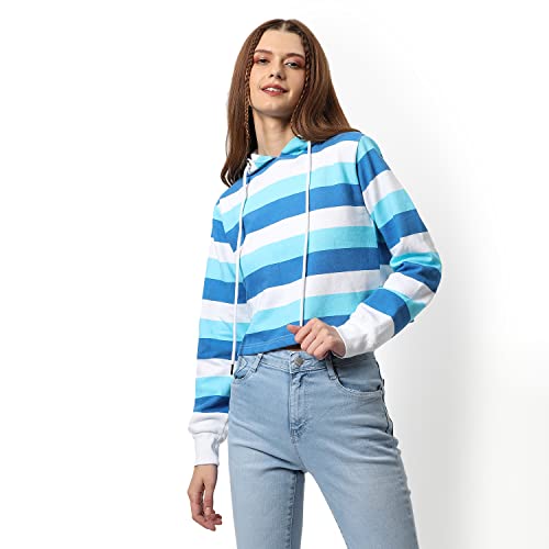 Image of PINACOLADA Women's Double Striped Hoodie with Ribbed Hem for Casual Wear | Hooded Neck | Long Sleeve | Pull On Closure | Cotton Sweatshirt Crafted with Comfort Fit for Everyday Wear