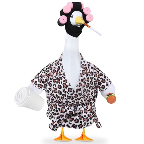 Lady Porch Goose Outfits Old Lady Cement Plastic Lawn Statue Clothes Set Bathrobe Coffee Cup Curlers Burger Cute Porch Goose Costume for 23 Inch Geese Outdoor Yard Garden Patio Lawn Decor (Leopard)