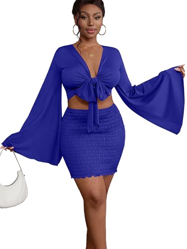 Image of LYANER Women 2 Piece Vacation Outfits Tie Knot Front Bell Long Sleeve Crop Top and Mini Skirt Summer Set