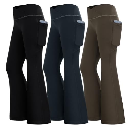 DUONITITI Girls' Leggings High Waisted Bell Bottoms Yoga Flare Pants for Athletic Causal with Two Pockets(Black/Navy/Brown,14-15 Years)