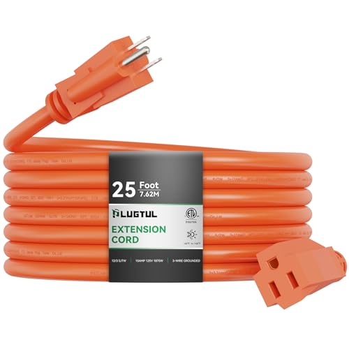 12/3 Gauge Outdoor Extension Cord 25 FT Waterproof, Heavy Duty 3 Prong Extension Cord, 15A 1875W SJTW, ETL Listed, Great for Garden and Home, Orange