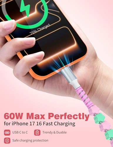 Image of USB C to USB C Cable 6FT,60W Fast Charging Beaded Charger Cord for iPhone 17 16 Pro Max 15 /iPad Pro 11th Air for Samsung S26 S25 S24 S23 A17 /Android Phone Charger Cord Cute Girl Women,Pink-Green Star