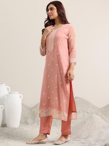Image of Libas Peach Embroidered Chiffon Straight Kurta set for Women | ethnic wear | bridal suit | wedding dress | occasion wear