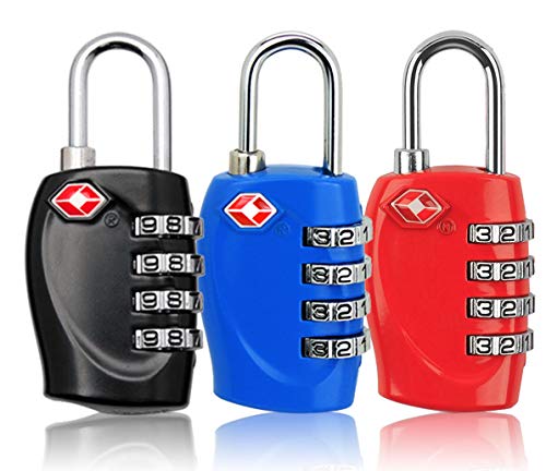 Preisvergleich Produktbild Topschoen 4-stelliges TSA Zahlenschloss Reiseschloss Kofferschloss Vorhängeschloss Kombinationsschloss, Gepäckschlösser 3er Set, Schwarz / Rot / Blau