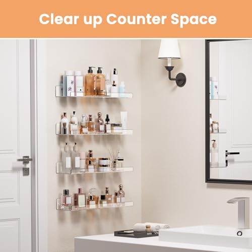 upsimples Clear Acrylic Shelves for Storage, 15" Floating Shelves Wall Mounted for Kids Bookshelf/Display Ledge for Bedroom, Living Room, Bathroom, Kitchen, Set of 4 - 2
