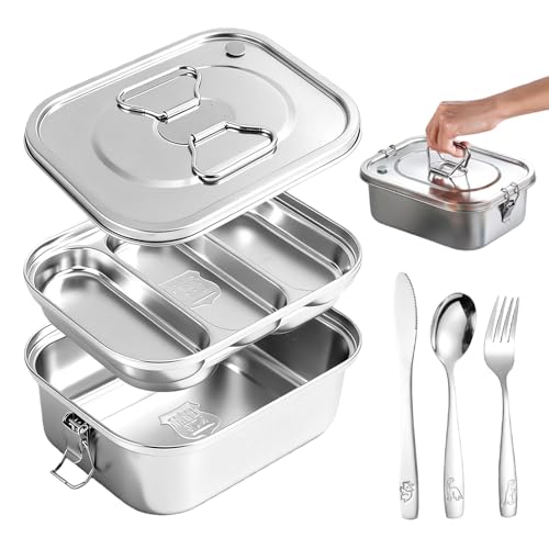 PORFOYO Boite Lunch Inox 304, Boite Inox 1800ML à 3 Compartiments, Boîtes Bento avec Poignée Antifuite, pour Enfants avec Set de Couverts (Fourchette/Couteau/Cuillère)
