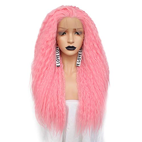 Anogol Hair Cap+Curly Lace Front Wig Synthetic Wig Yaki Curly Long Pink Lace Front Wig for Women Front Lace Wig Pink Wig Lace Front Long for White Women