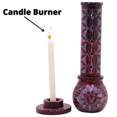 Kc Kullicraft Marble Soapstone Red Incense Stick Holder | Candle Burner | Tea Light Holder - Round Handmade Jaali Carving For Gifting. Decorative Home And Office Decor - (2.5 X 2.5 X 10 Inches) #TOP1