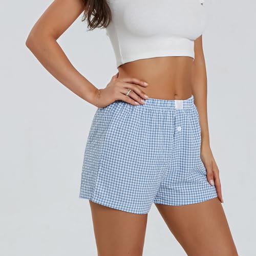 Image of Women Y2k Gingham Boxer Shorts Plaid Striped Cute Mini Bloomers Elastic Waist Loose Fit Summer Shorts