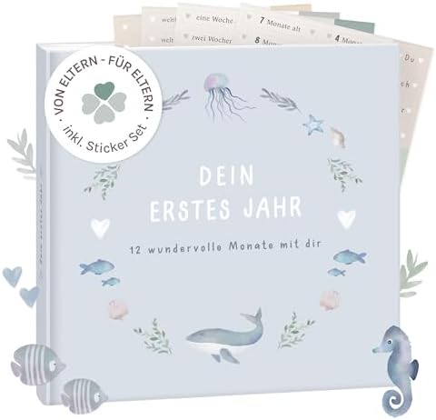 mintkind® Mein erstes Jahr Babyalbum Wal blau – sanftes Babytagebuch mit 176 Seiten und Sticker-Set für wertvolle Erinnerungen im ersten Lebensjahr, liebevoll gestaltetes Hardcover