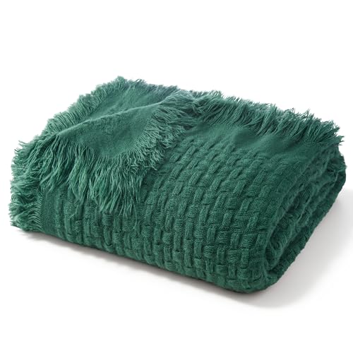 Exclusivo Mezcla Knit Throw Blanket with Fringes for Couch, Reversible Super Soft and Warm Woven Boho Throw for All Season, Home Decor, 127x152 CM, Forest Green