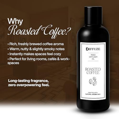 Image of DIFFUZE Roasted Coffee Essential Oil Reed Diffuser Refill with 10 Fibre Reed Sticks | Coffee Aroma Oil & Fragrance Oil | Diffuser Oil for Home Fragrance