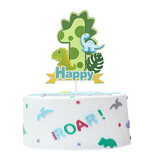 Gyufise 3 piezas de decoración de pastel de cumpleaños con purpurina T-Rex First Cake Pick Baby Shower primer cumpleaños dinosaurio fiesta temática suministros verde