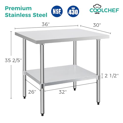 Image of COOLCHEF Stainless Steel Work Table 30 x 36 Inch, NSF Commercial Prep Table with Undershelf, Heavy Duty Food Prep Workstation
