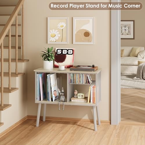 Image of Record Player Stand, Large Vinyl Record Storage with Adjustable Divider, Holds Up to 200 Albums, Multifunctional Vintage Turntable Stand for Living Room & Bedroom, Patent Pending