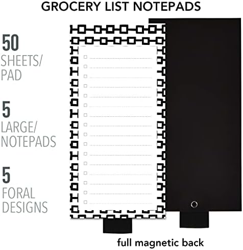 5 Pack Scandi Minimalist Vintage Floral Magnetic Notepads with Pen Holder 50sheets Per Pad 3.3"x7" for Fridge,Shopping List Grocery List,to do List,Memo,Remider,Note,Recipes Black White