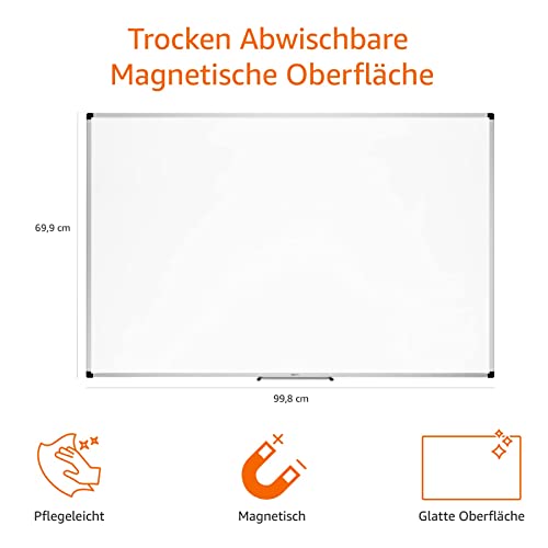 Amazon Basics Magnet-Whiteboard mit Stifthalter, trocken abwischbar, Aluminiumrahmen, magnetische Pinnwand, Wandmontage, für Zuhause, Büro, Schule, 90cm x 60cm