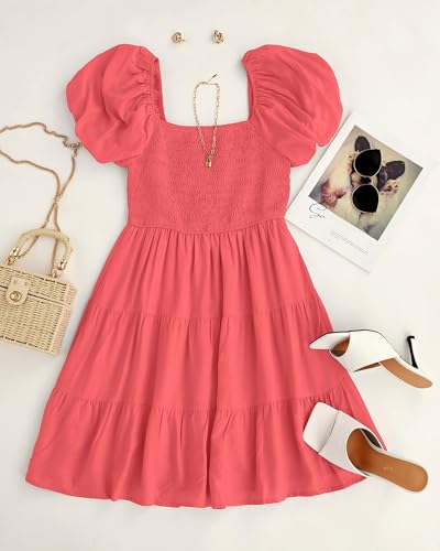 Image of ZESICA Women's Boho 2026 Summer Square Neck Puff Sleeve Off Shoulder Smocked Tiered Casual A Line Short Mini Dress