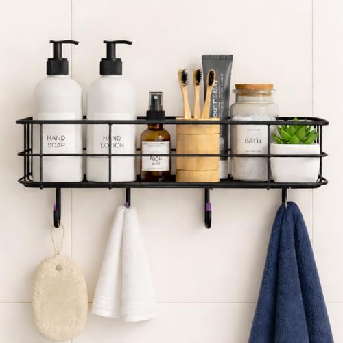 Image of PulGos Pack-1 Multipurpose Wall Shelf with 2 Adhesive Hooks - Durable Mounted Storage Rack for Bathroom, Kitchen & Toilet, Space-Saving, Wall Stand Organizer for Home & Office Use Without Drill