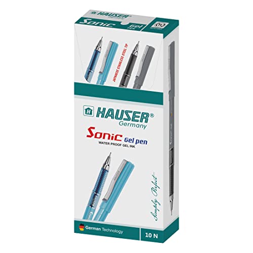 Hauser Sonic 0.55mm Gel Pen Box Pack | Attractive Foiled Body | Stylish Metal Clip | Refillable & Waterproof Gel Ink | German Technology For Smooth & Effortless Writing | Blue Ink, Set of 10 Gel Pens (Image - 3)