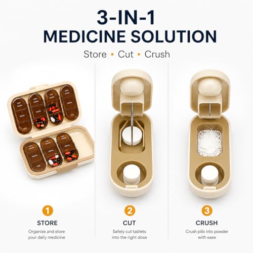 Image of Weekly Pill Organizer with Tablet Cutter | Medicine Organizer & Pill Box, BPA-Free Portable Travel Medicine Box, Ideal Tablet Box for Medicine, Vitamins & Supplements (SANDAL ( MODEL : TABBY 105 ))