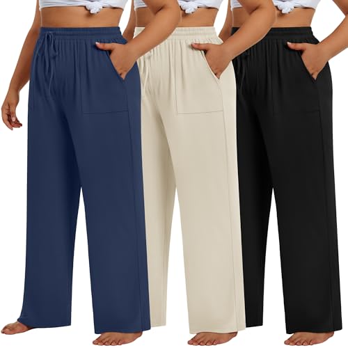3 Pack Plus Size Pants for Women Wide Leg Casual Pant Drawstring Stretchy Waist Trousers with Pockets