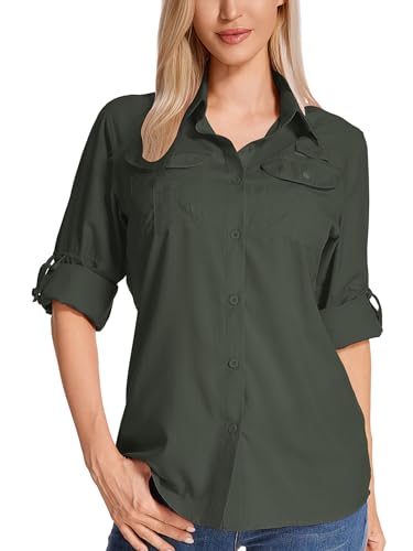 Jogwits Camisa de Safari para Mujer Manga Larga - Tejido Transpirable y Secado rápido - Protección Solar UPF - Ideal para Pesca, Senderismo, Trekking, Acampada y Viajes - Ruta técnica Outdoor