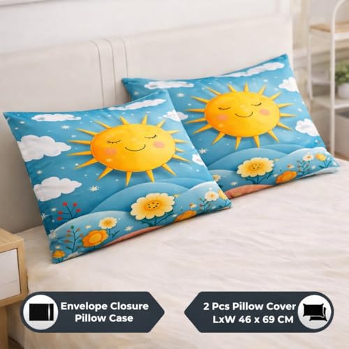 Image of Akshya Premium 300 TC Glace Cotton King Size Bedsheet, 7D Luxury Digital Print Soft Flat Sheet for Double Bed (90x100 inch, Blue Sunflower Cartoon Print