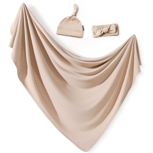 Image of GRSSDER Newborn Blanket, Ultra Soft Jersey Receiving Blanket with Matching Headband and Beanie Set, Stretchy Baby Swaddle 47x47 inch, Extra Large Neutral Swaddle Wrap for Girls and Boys