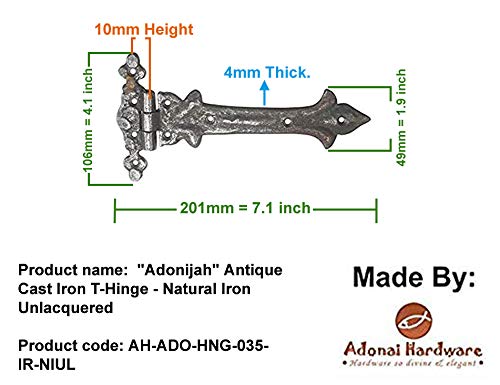 Image of Adonai Hardware Adonijah Antique Cast Iron Strap T Hinge (7.9 inch x 4 Pack, Natural Iron Unlacquered) for Barn Doors, Gates, Kitchen Cabinets, Sheds, Wooden Box, Furniture, Cedar Chest and Trunks