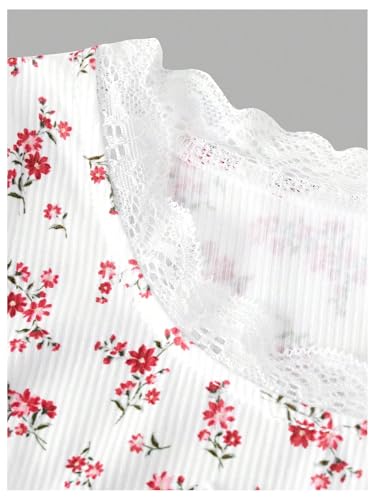 Image of RoseSeek Girl's Ditsy Floral Print Lace T Shirt Short Sleeve Ribbed Ruched Cute Tee Shirts Summer Tops