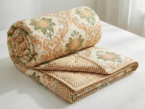 Image of Home Stylish Luxury Ultrasonic Punch AC Comforter Blanket - Quilted Microfiber Floral Pattern, Lightweight Breathable Hypoallergenic All‑Season Blanket for Bedroom, Travel (228x228 Cm) Celadon Floral
