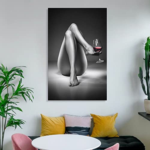 Canvas Prints Nude Woman Wine Glass Painting Black And White Sexy Girl Poster Wall Art Modern Pictur Canvas Painting Wall Art Poster For Bedroom Living Room Decor 16X24Inch(40X60Cm) Frame-Style-1 #TOP5