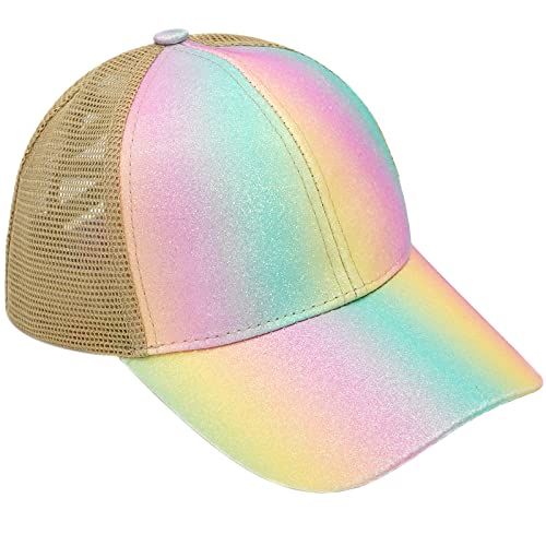 Baseball Cap for Girls Criss Cross Ponytail Baseball Hats Rainbow Glitter Sun Cap