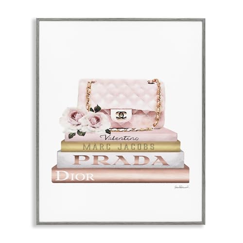 Image of 'Pink Purse Gold Bookstack'| Framed Giclee Art | Stupell Industries | Gray, 24 x 30 Inches, Easy to Hang and Sturdy, Made in USA, by Amanda Greenwood