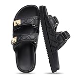 FITORY Women's Flat Sandals Classic Adjustable Double Strap Slip On Casual Summer Slide Size 8 Black