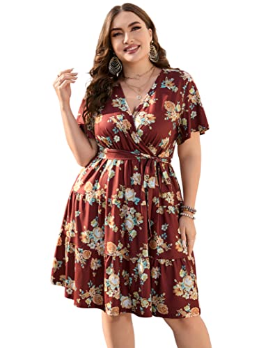 KOJOOIN Frauen Plus Size V-Ausschnitt Wickelkleid Hohe Taille Rüschen Langarm Casual Midi Kleid mit Gürtel, Deep Wine Yellow Flower Kurze Ärmel,...
