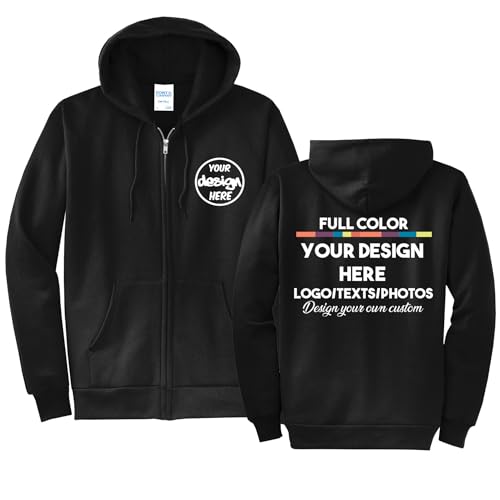 INK STITCH Unisex Pc78zh Custom Printing Front and Back Core Hoodie Zip Up Sweatshirts - Black (L)
