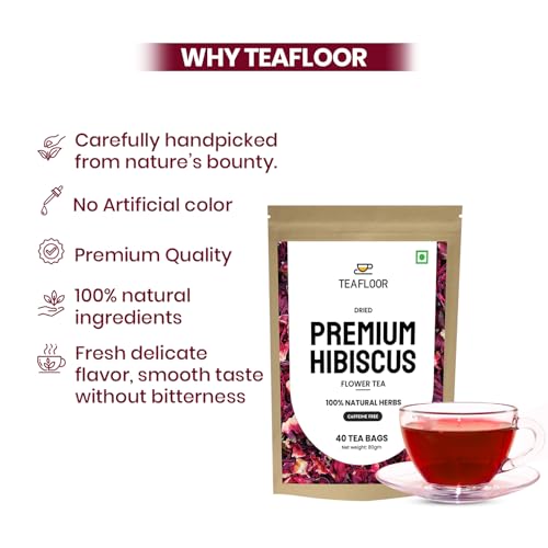 Image of TEAFLOOR - HIBISCUS Flower Tea bags || 40 Tea Bags /80 gram (pack of 1) || FARM PACKED for Freshness || Pure Whole Flower Buds of HIBISCUS || Caffeine Free Herbal Tea - GOOD FOR HAIR AND SKIN ||